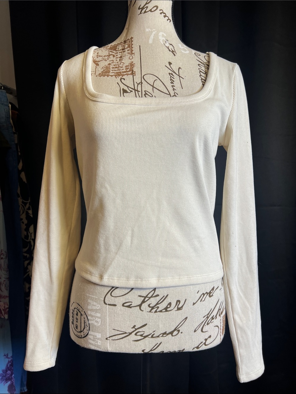 wild fable Cream Ribbed Square Neck Long Sleeve Top